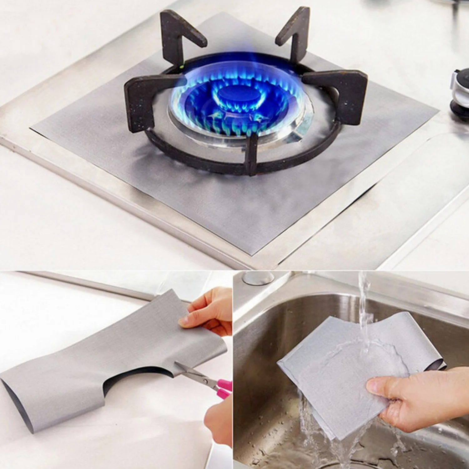 

Behogar 27x27x0.012cm Non-stick Heat Resistant Reusable Gas Stovetop Stove Top Burner Protector Gas Range Liner Sheets Silver