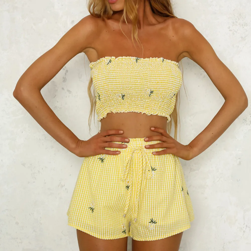 

Summer Two Piece Set Outfits For Women Festival Clothing Vintage Yellow Crop Top Tracksuit Women Clothes 2019 Chandal Mujer