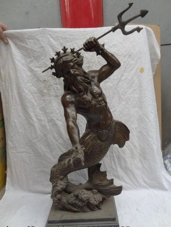 

28" Chinese Bronze Art Davy Jones Nereus Mermaid Sea Fish God Statue Sculpture