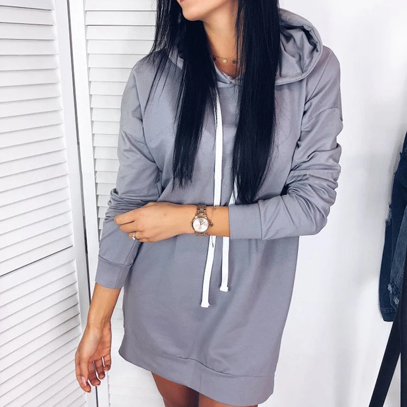 

Autumn New Long Sleeve Hooded Dress Women Spring Solid Hoodie Drawstring Dress Sweatshirt Dress Casual Loose Mini Dress