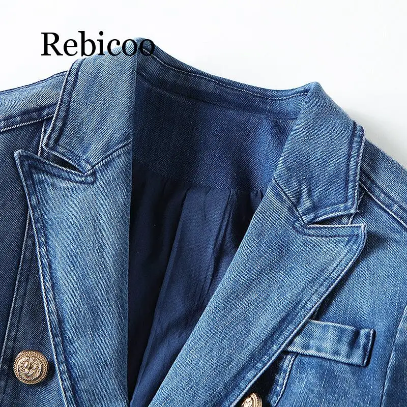 Rebicoo HIGH QUALITY New Fashion 2019 Designer Blazer Women's Metal Lion Buttons Double Breasted Denim Blazer Jacket Outer Coat