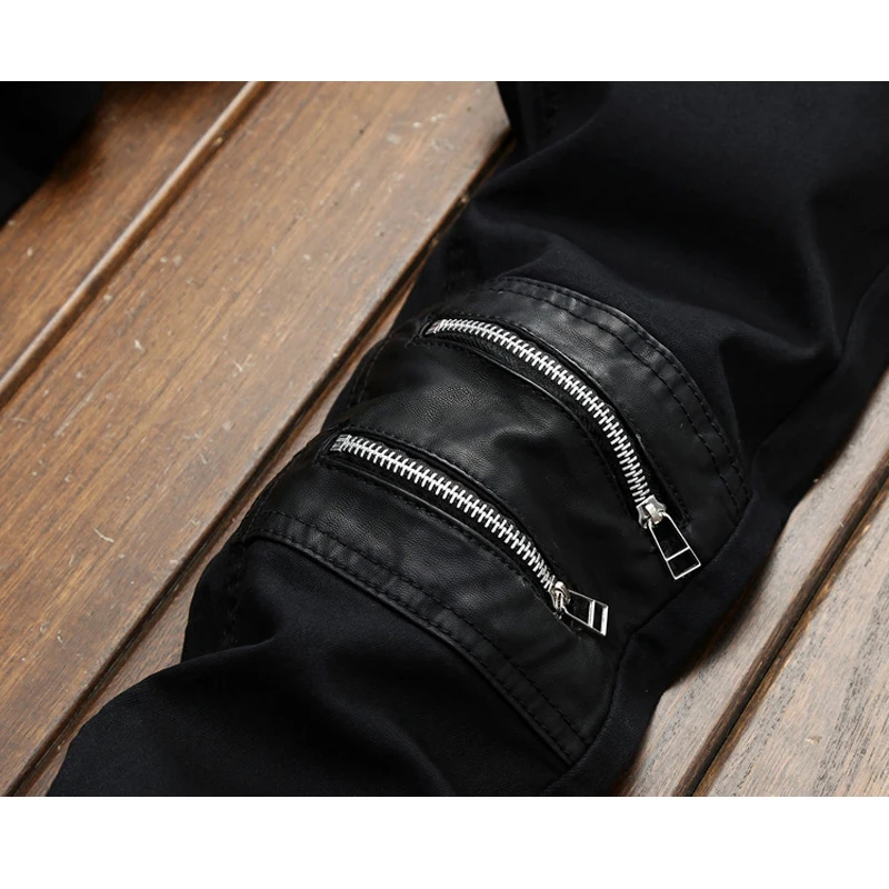 Black Zipper Straight Jeans Men 2021 Brand Fashion PU Leather Patchwork Hip Hop Jeans Slim Fit Denim Pants Men Plus Size 42