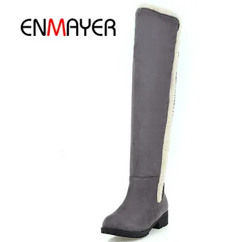 

ENMAYER 2018 New Arrival lady round toe knee high boots women fashion square heel slip-on boots Big size 34-43 ZYL298