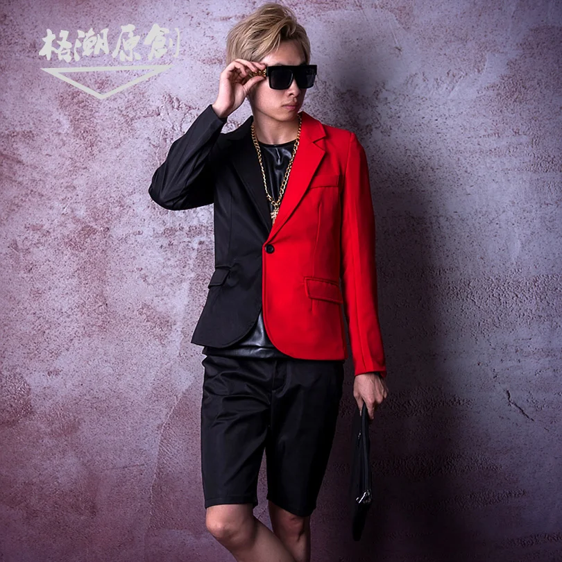 

Nightclub male singer DS DJ big catwalk GD black and red splicing suit hip hop jazz hairdresser bar show clothes costumes !