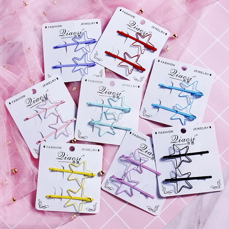 

New Arrivals 2Pcs/Lot Heart Star Hair Clips Candy Color U-shaped Hairpins Barrette 5cm Metal Plated Bobby Pins for Women Girls