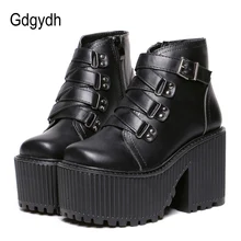 Gdgydh Leather Round Toe High Heel Boots Women Shoes Buckle Rubber Sole Black Platform Shoes Autumn Ankle Boots Punk Shoes Cool
