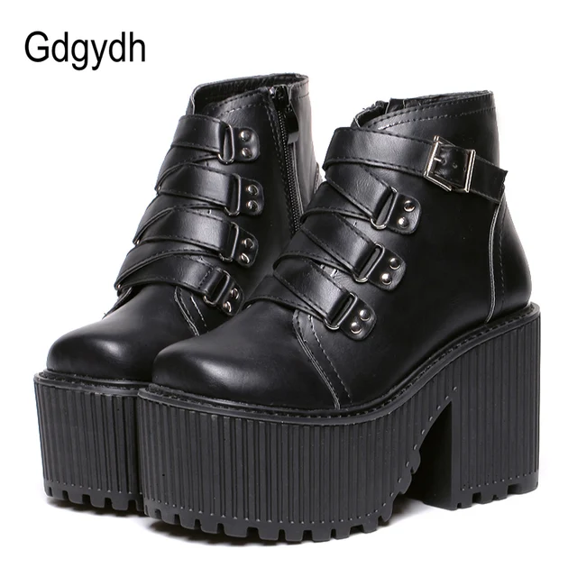 $US $32.99 Gdgydh Leather Round Toe High Heel Boots Women Shoes Buckle Rubber Sole Black Platform Shoes Autumn
