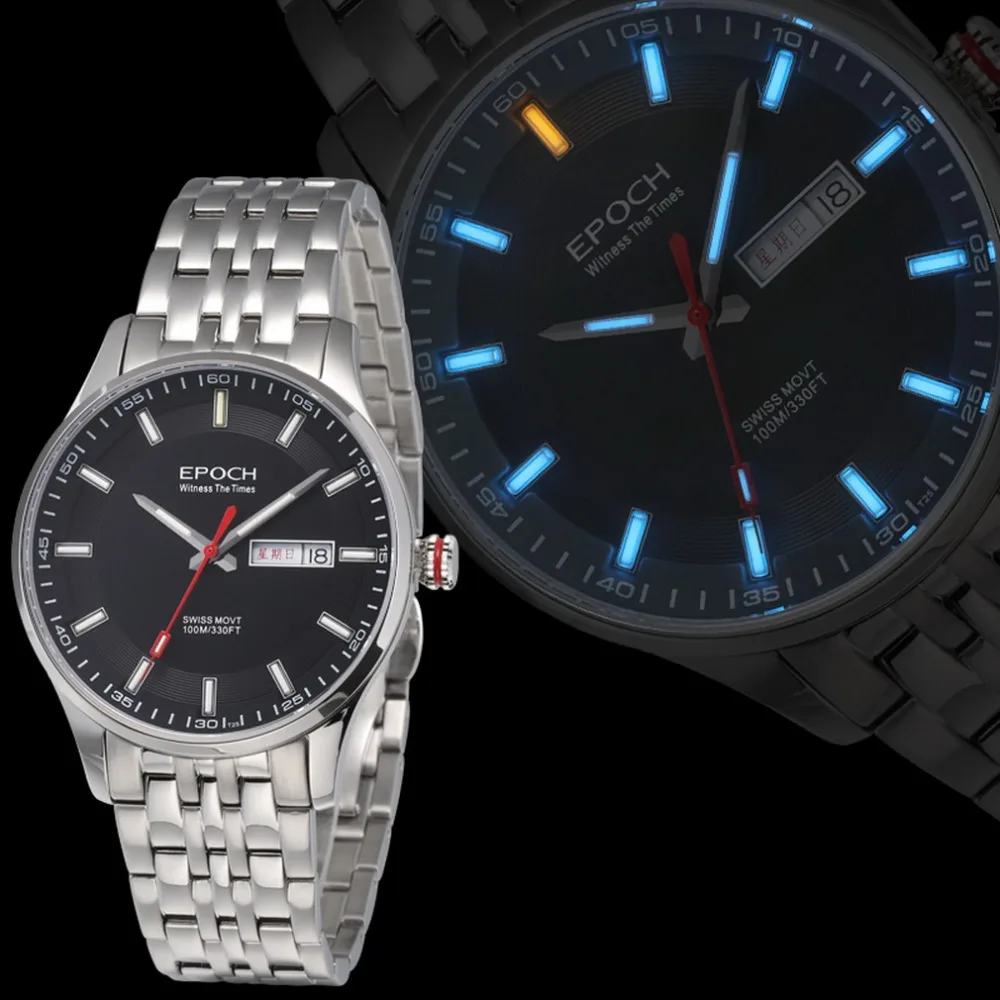 Epoch Мужские кварцевые часы мужские роскошные T100 tritium luminous erkek kol saati auto date relogio masculino