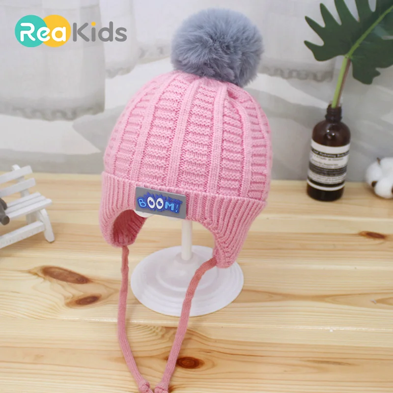 

REAKIDS Children Beanies Hat Pompon Winter Cap Knitted Cute Pompon Ear Winter Baby Hat Beanies Girls Boys Lovely Hat Unisex