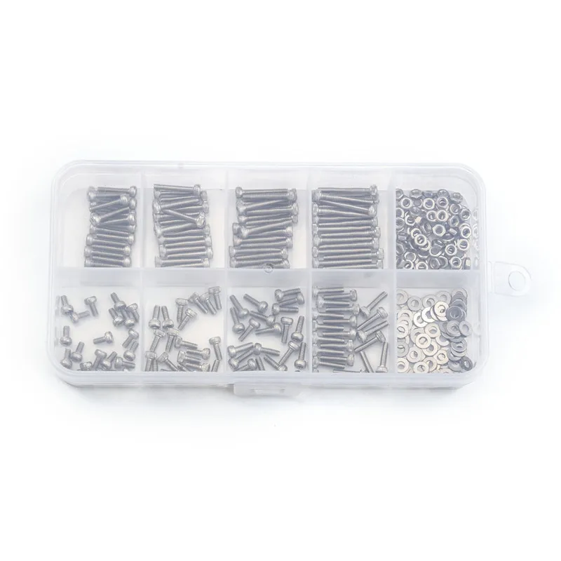 320 pcs/box 304 stainless steel cylindrical head hexagon screw + nut + flat washer Assortment Tool Kit Box M2 series