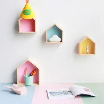 

New! S size INS Creative Fresh Style Colorful Wooden House Shape Storage Sundries Box Wall Shelf for Kids Room Deco Wall Decor