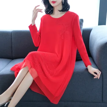 

Luxury Beaded Dress Knee-length Large Size Print Embroidery Long Sleeve O-neck Dress