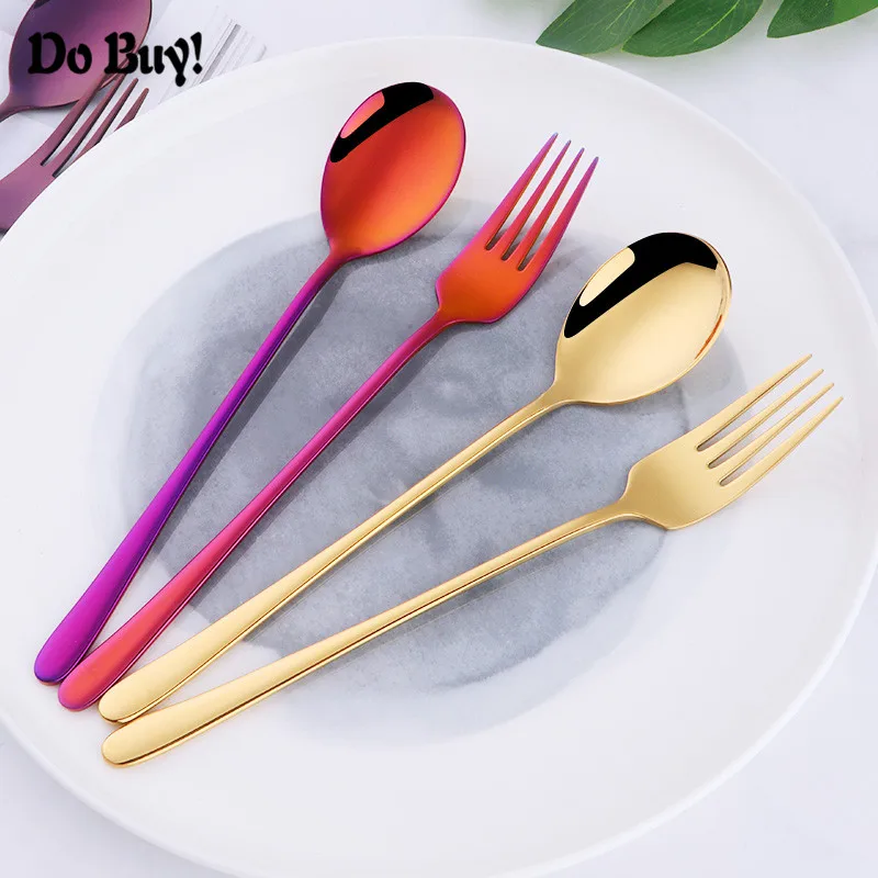 

DO BUY 2 Pcs/set Tableware Dinner Spoon Fork Set Gold Silver Colorful Spoon Stainless Steel Fork Portable Flatware Home Tabletop