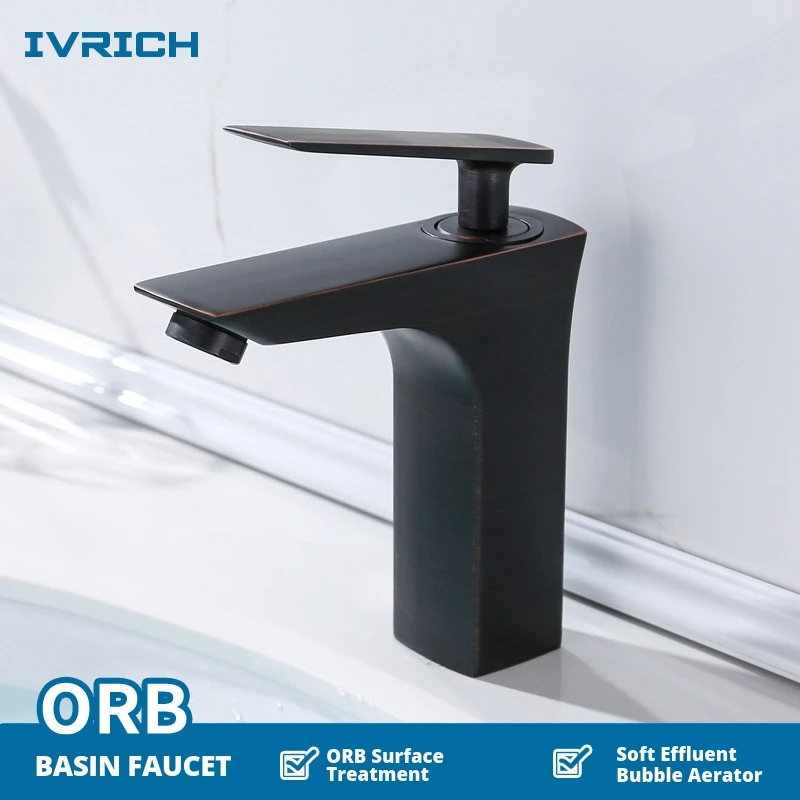

IVRICH Square Type Brass Basin Faucet ORB Surface Sink Tap Bathroom Ceramic Valve Mixer ZB3010RB
