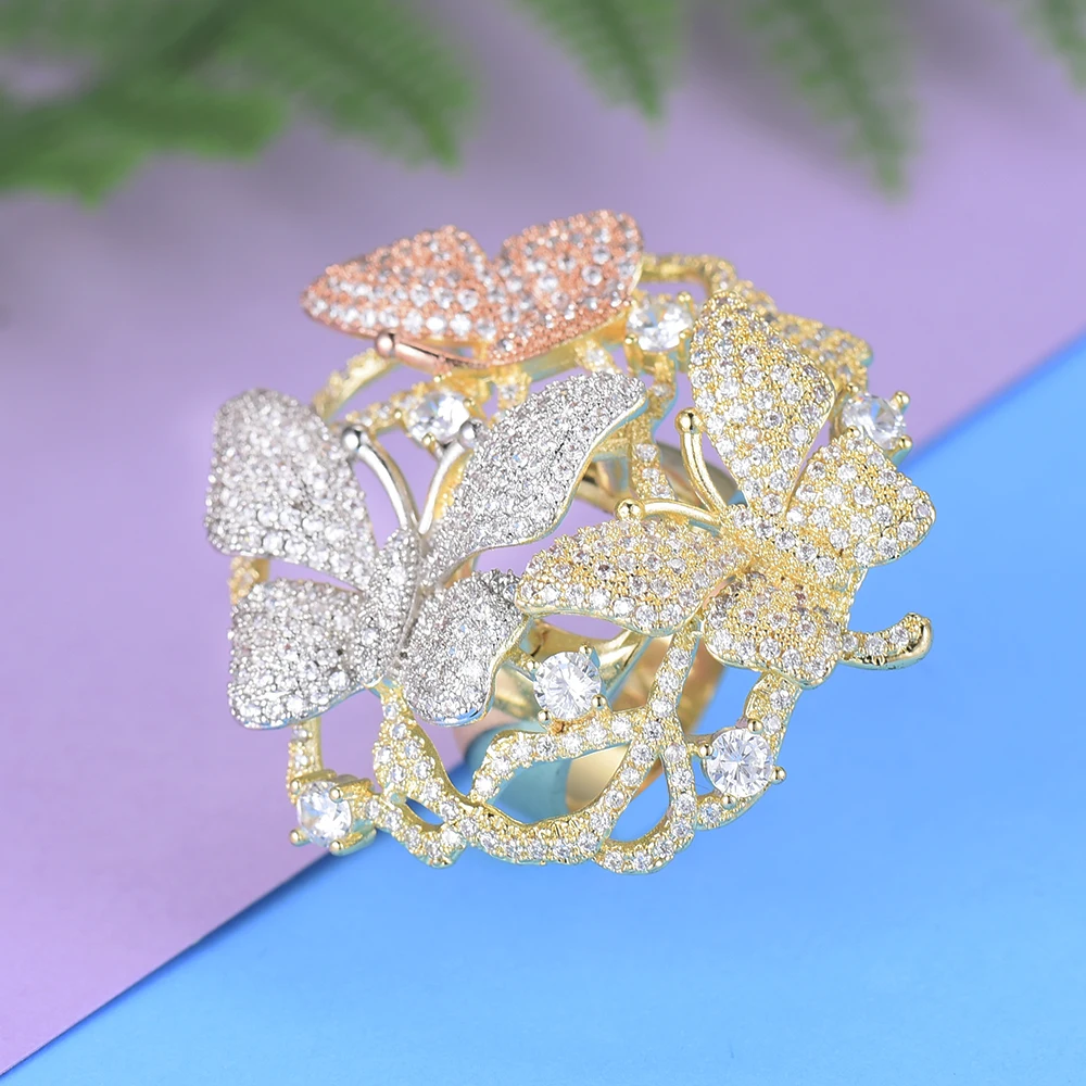 

missvikki Luxury Butterfly Tricolor Silver Ring for Bridal Women Wedding Actor Dancer Stage Show Jewelry Girl Prom Party Jewelry
