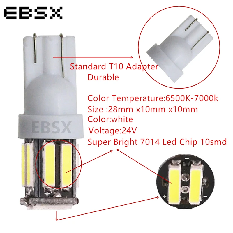 EBSX 100 шт. T10 Led 194 168 7014 10 SMD W5W 10 Led 7020 Авто дверные огни приборные лампы Белый Индикатор 24 В постоянного тока