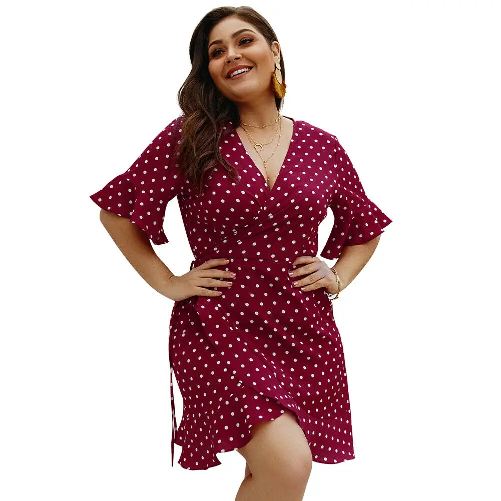Plus Size Dress Women Polk Dot Holiday Beach Dress Femme Ladies Casual Short Sleeve Boho Evening Party Dress Summer Sundress