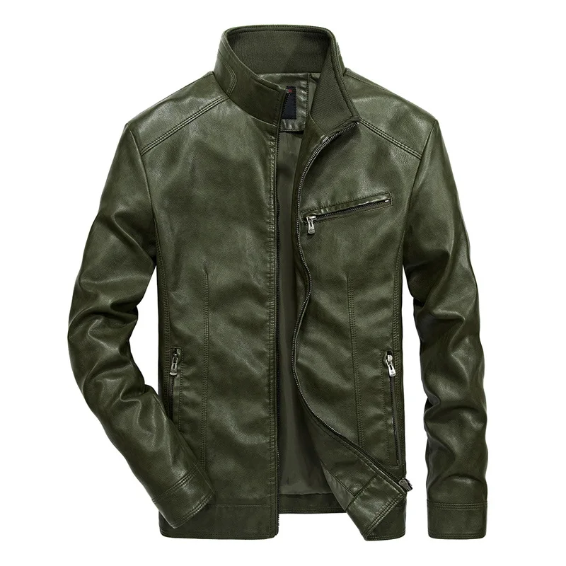 Горные кожаные мужские куртки со стоячим воротником, пальто из искусственной кожи, Мужская мотоциклетная кожаная куртка, Повседневная тонкая мужская брендовая одежда, 5XL, SA521 - Цвет: Thin Dark Green