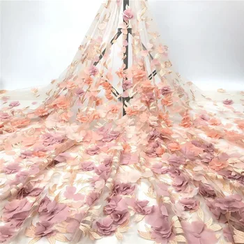 

3D Appliqued French Lace Fabric High Quality African Tulle Embroidered flower transparent net Lace Fabric For Wedding r83-61