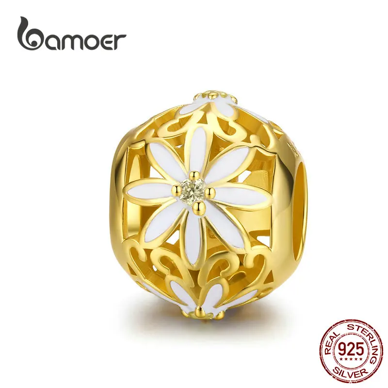 

BAMOER Golden Enamel Flower Round Beads for Women Jewelry Making 925 Sterling Silver Openwork Round Charm Luxury Jewelry SCC1216