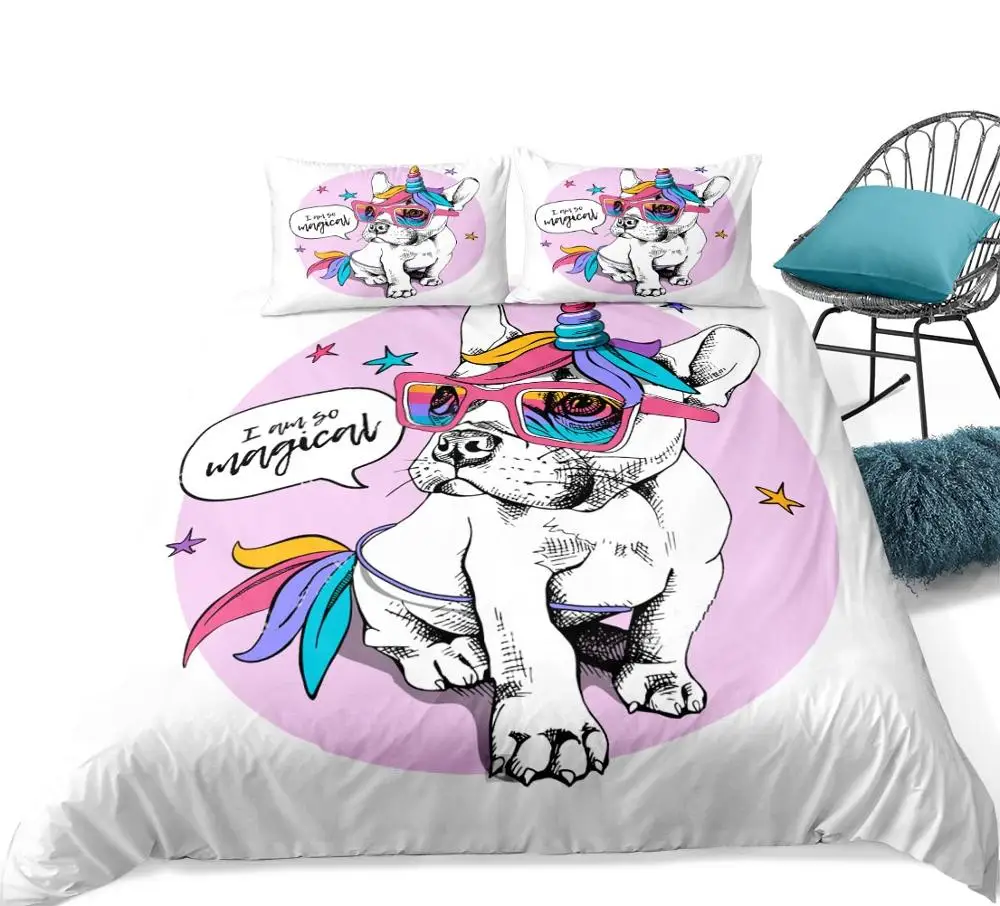 Unicorn Bulldog Bedding Set Cartoon Bed Duvet Cover Set Sweet Dream for Kids Girls 3-piece Colorful Bedclothes