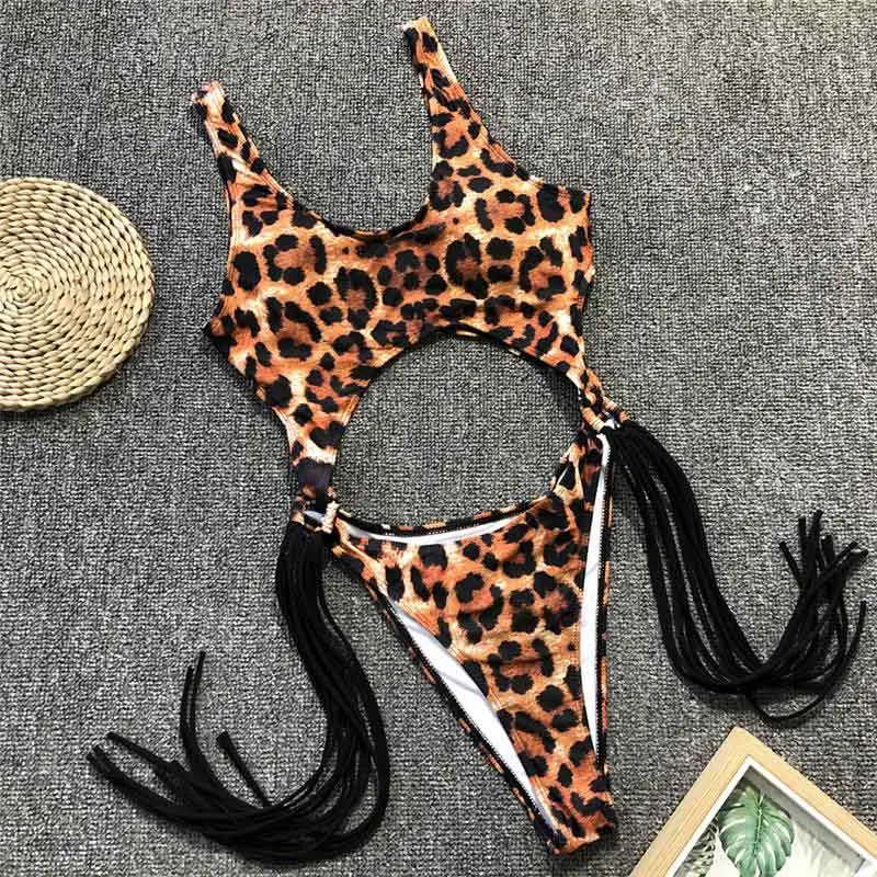 Günstige 2019 Neue Sexy Leopard Bademode Bauch Cut Out One Piece Badeanzug Weibliche Quaste Badende Aushöhlen Badeanzug Schwimmen Tragen dame 3880