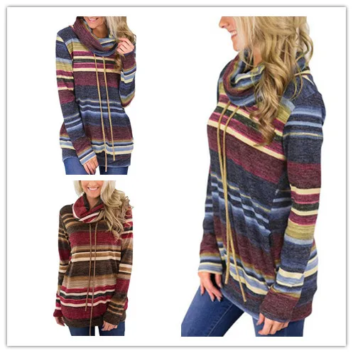Women Casual Striped Sweater Patchwork Color Block Autumn Long Sleeve Pullover Women Fashion Lace Up Sweater 2XL