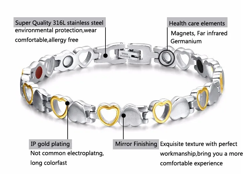 Rainso Мода здоровый энергетический Браслет сердцем дизайн Нержавеющая сталь здравоохранения магнитные золотой браслет ручной цепи для Для женщин