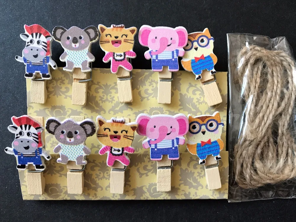 30pcs Small Cartoon Photo Wood Clips,Paper Wood Pegs with Hemp Rope,Pin Clothespin Craft for