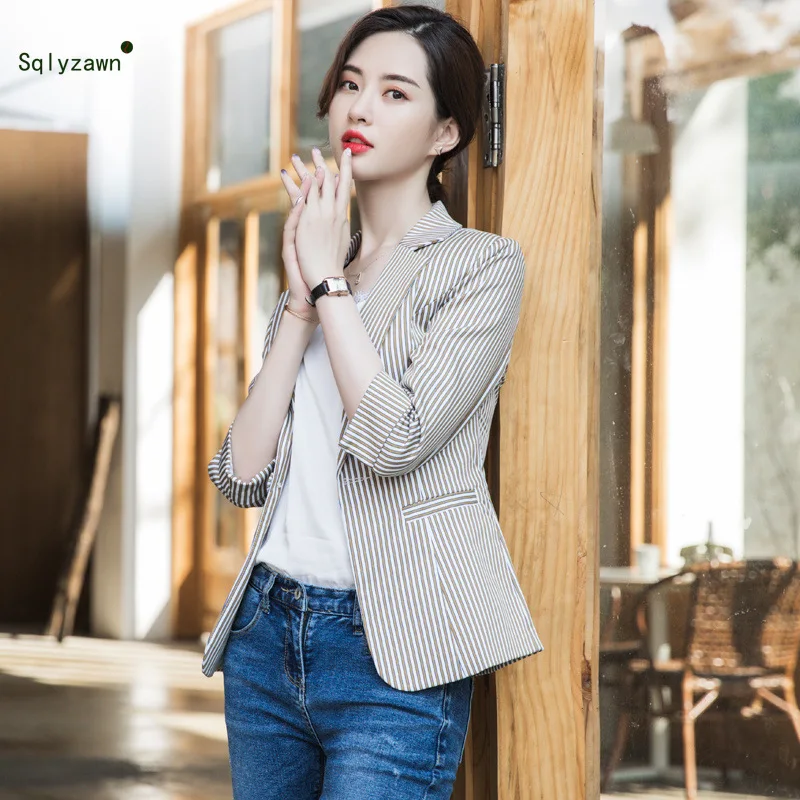 Для женщин Мода в Корейском стиле, в полоску, с рисунком пиджак в деловом стиле Формальные офисный женский узкий черно-белая куртка изящная
