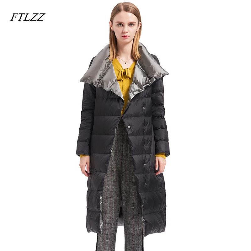 

FTLZZ 90% Ultra Light Down Jacket Women Medium Long Double Breasted Warm Parkas Plus Size 3XL Female Double Sided Coat