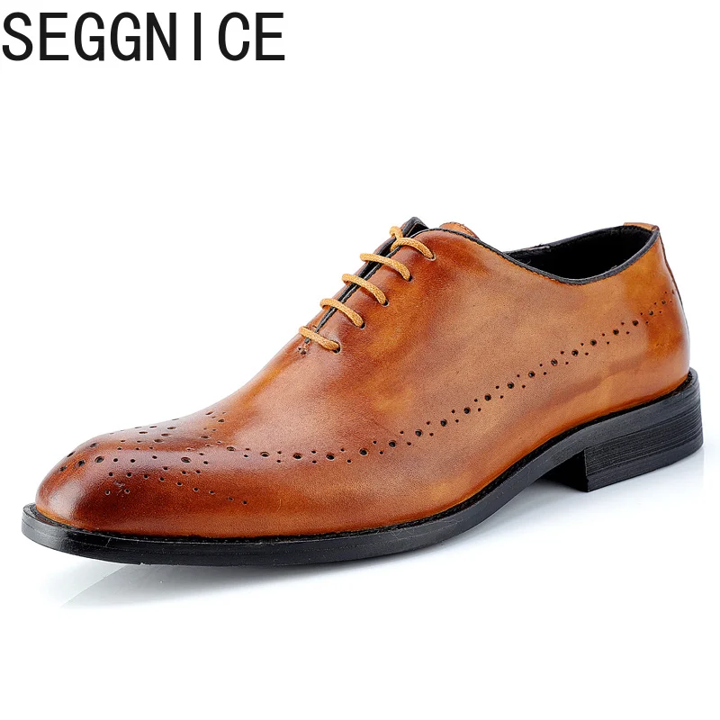 

Genuine Leather Men Dress Shoes Pointed Toe Bullock Oxfords Shoes For Men Lace Up Designer Luxury Men Shoes Plus Size 2019
