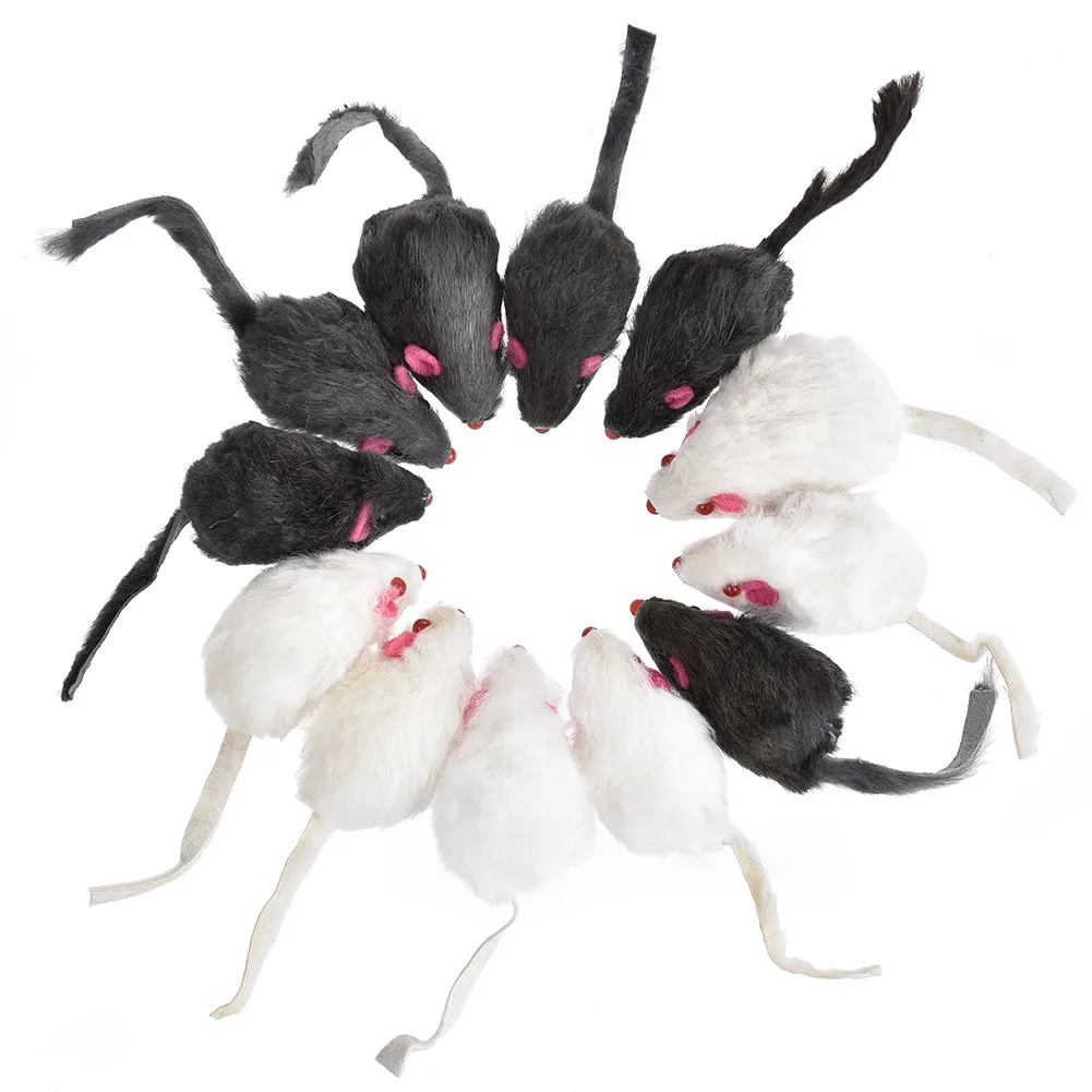 12 шт.. игрушки в виде мышей мышь натуральный мех смешанные загруженные игрушки черный и белый для домашних животных кошка котенок с