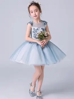

summer brand Handmade Girls Flower Dresses Summer Blue sleeveless Kids Dress Girl Lace applique Boutique ball gown Clothing