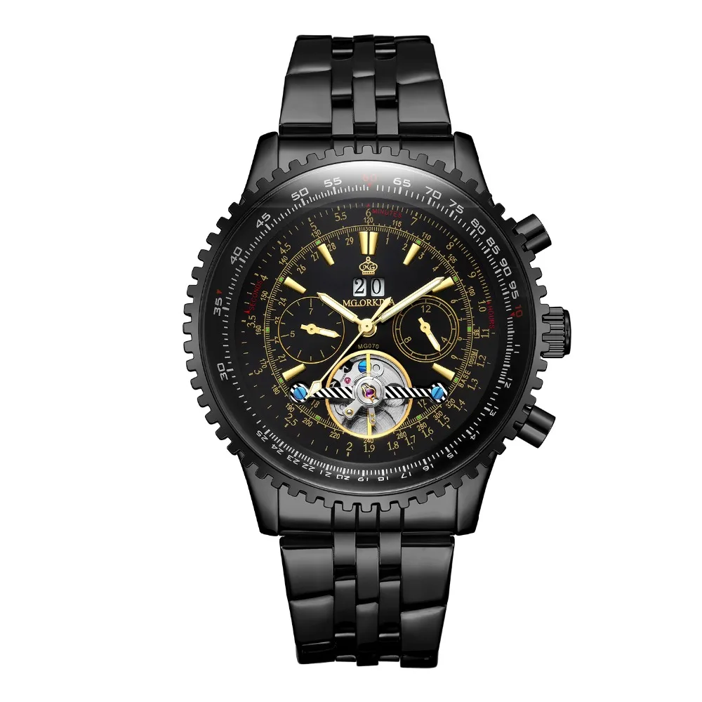 

ORKINA Men's Tourbillon Mechanical Watch Large Dial Black Stainless Steel Strap Fashion Luxury Brand Men Wrist Watches Relojes