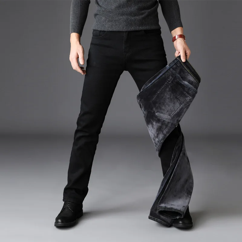 Fashion Winter Jeans Men 2019 Black Slim Fit Stretch Thick Velvet Pants Warm Jeans Man Casual Fleece Trousers Male Plus Size 42