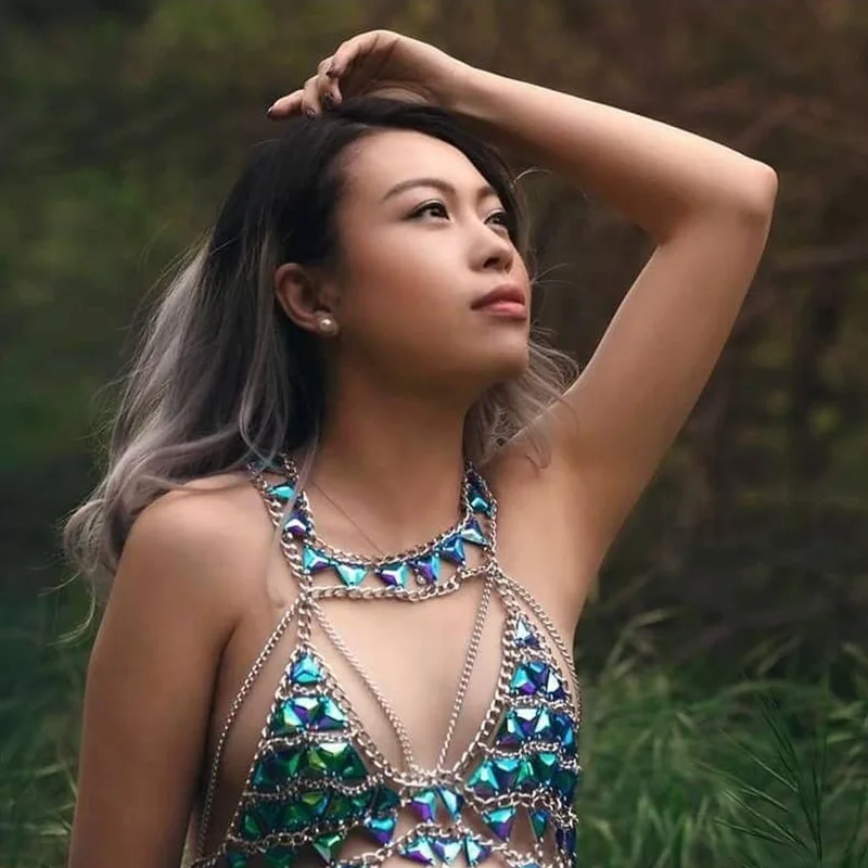 female halter camis rhinestone blue crystal camis sexy womens tank top summer beach cami tops chain punk top clubwear