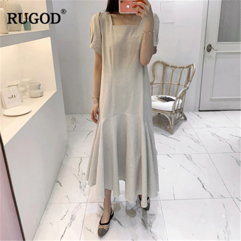 

RUGOD 2019 Solid Women Cotton And Linen Long Dress Square Collar Short Sleeves Loose Slim Straight Trumpet Vestidos Elegant