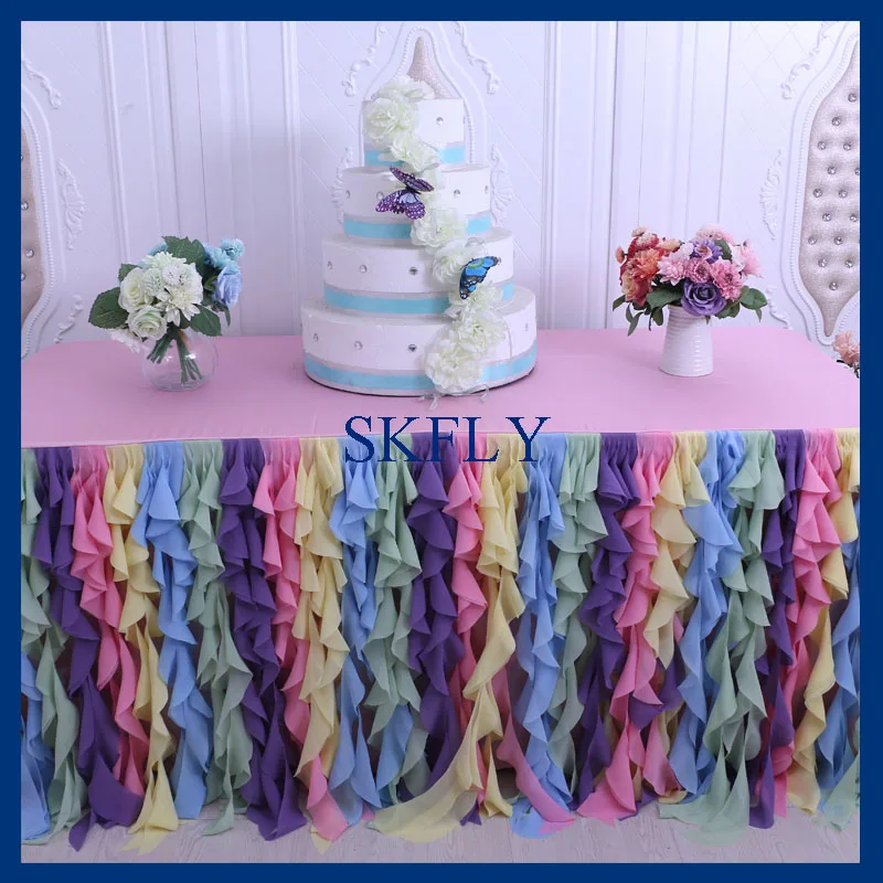 

CL037C wedding birthday party Christmas 6ft rectangle colorful rainbow curly willow chiffon table cloth with top