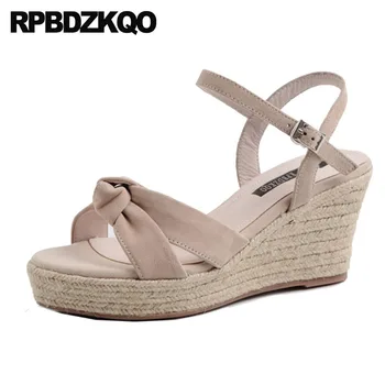 

women genuine leather summer fashion rope wedge sandals high heels platform ladies open toe shoes espadrilles strap pumps suede