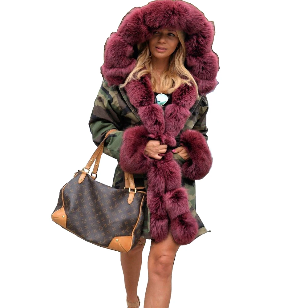 Roiii 2018 Winter Female Coat Long Hood Camouflage Green Jacket Wine Faux Fur Cotton Thicken Military Parka Women Chic Outerwear Coats
