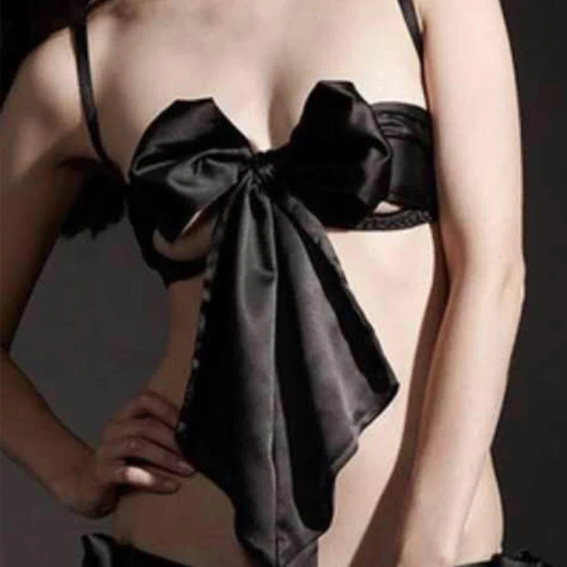 

Black Satin Strap Big Bow Exotic Sexy Open Cup Bra brief 2pcs set for Women Lace-up Warp Underwire Sexy lingerie Gift BRB024