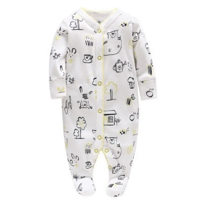

Picturesque Childhood NewBorn Baby Boy Footies Bear and Teacup Print Cotton Covered Button O-neck Babygrow Costume