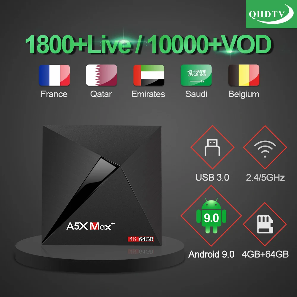 

Arabic French IPTV Subscription A5X max Box QHDTV IPTV Code TV Box Android 9 Belgium IPTV France Netherlands Qatar IP TV Morocco