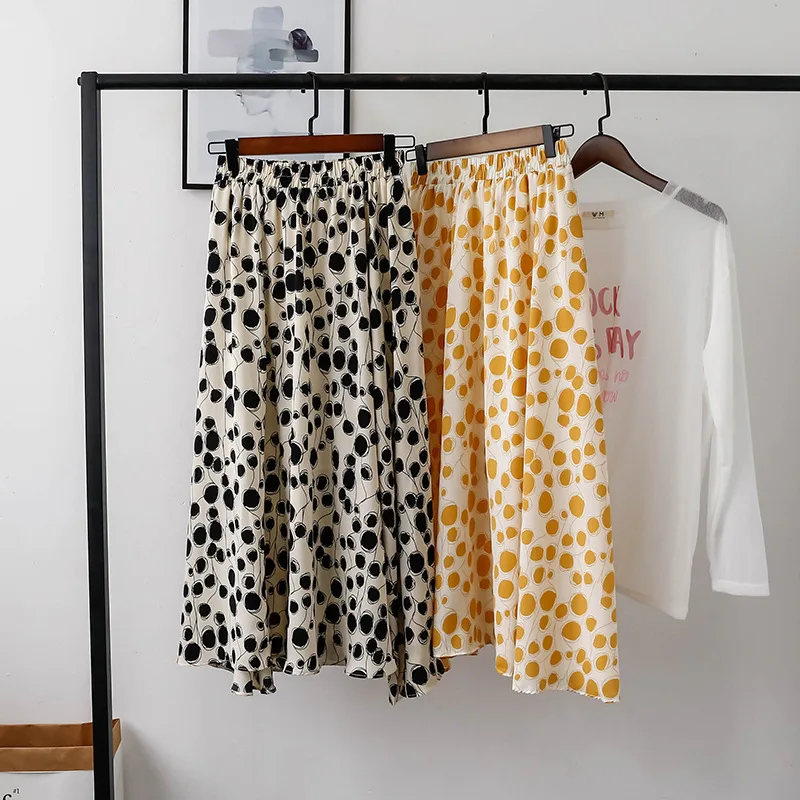 

Yellow Black Polka Dot Skirt For Woman Harajuku Chiffon Saias Vintage High Waist A Line Long Ladies Skirt Faldas Mujer Moda 2019
