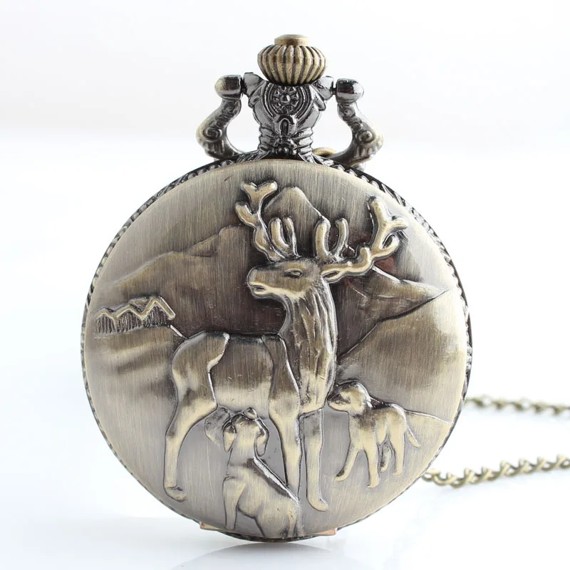 

Old Antique Bronze Deer Design Pocket Watch With Necklace Chain Drop Shipping CF1027