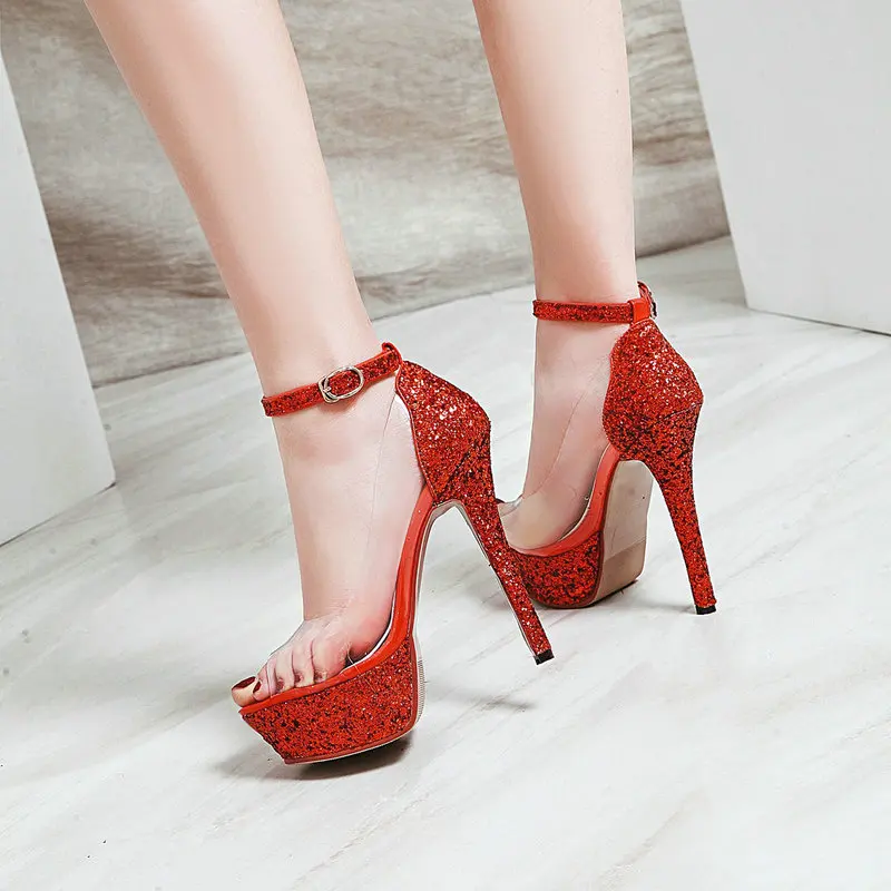 

Fashion Clear Platform High Heels Women Wedding Open Toe Pumps Sequin Extreme Thin Heel Stilettos Red Black Silver Gold Pink