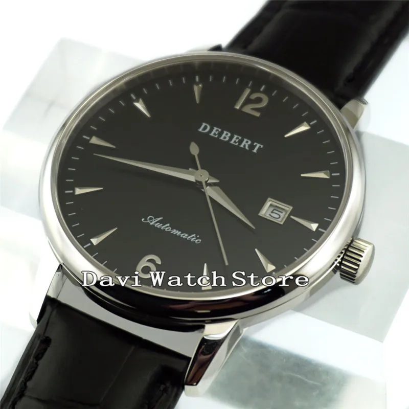 

Debert 40mm Black Dial Leather Band Sliver Case Automatic Men Watch W2440