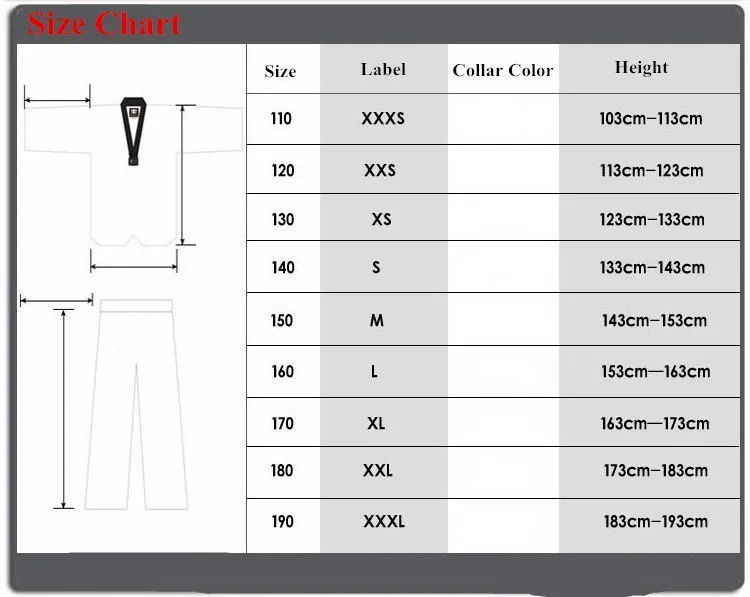 taekwondo clothes  size chart