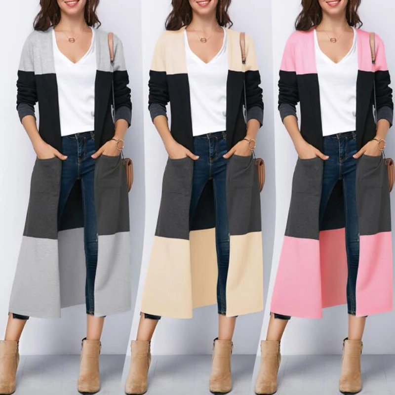 

Sexy Openwork Colorblocked Slim Open Hem Jacket Slim Solid Winter Woman Coat Fashion Women's Autumn Raincoat